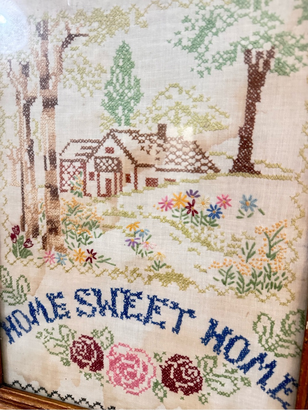 Vintage Framed “Home Sweet Home” Hand Cross Stitch Cottage Needlepoint Wall Art - Picture 4 of 6